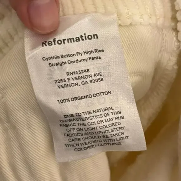 Reformation 100% Cotton Cream Cynthia High Rise Corduroy Straight Pants Size 23